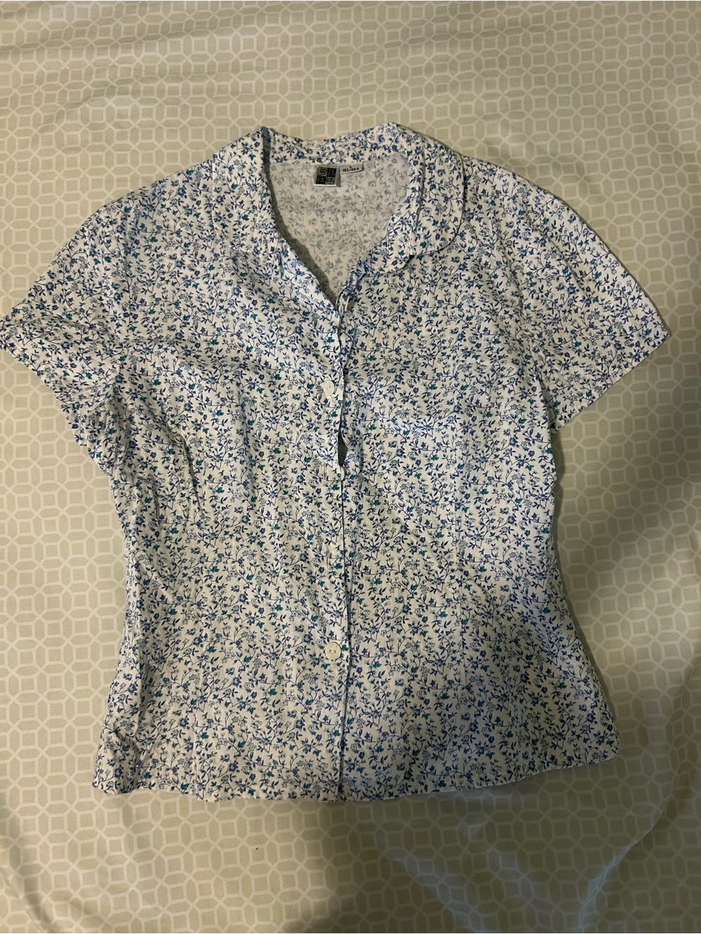 Women's Short-Sleeve Button-Down Shirt - White with Blue Floral